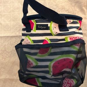 Watermelon stripe print cylinder mini tote.